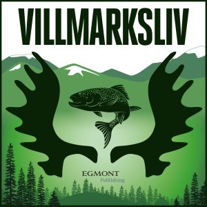 Logo til Podkasten Villmarksliv. Elghorn, ørret, fjell og trær i grøntoner. Teksten Villmarksliv øverst.