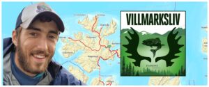 Hans Viktor Pedersen gikk Norge på Langs sommeren 2023. Illustrasjonfoto med kart fra Nordkapp pluss logoen til Podkasten Villmarksliv.